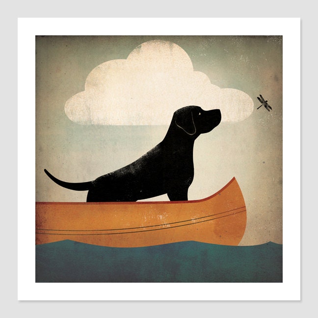 Black Dog Labrador Retriever Canoe Ride  GRAPHIC ILLUSTRATION giclee print SIGNED Framed 20x20