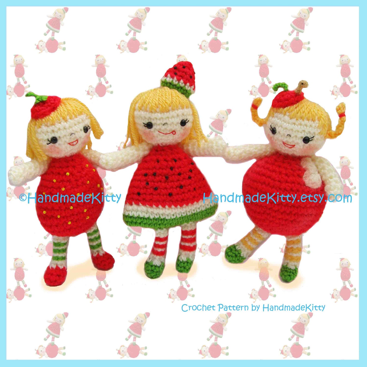 Yummy Strawberry, Watermelon & Apple Girls Amigurumi PDF Crochet Pattern by HandmadeKitty