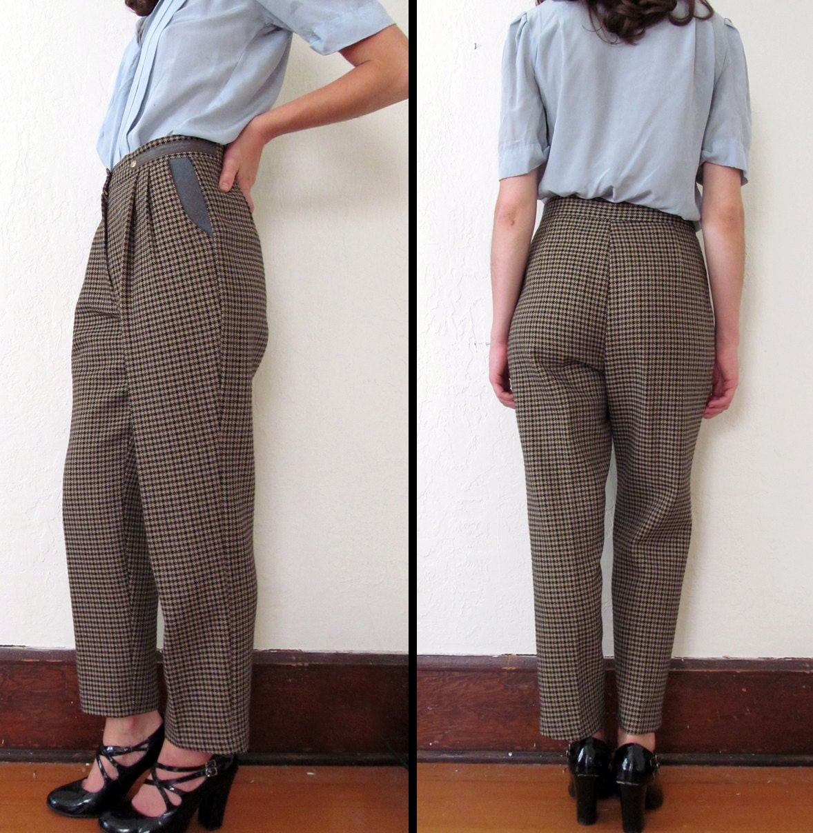 Vintage ANNIE HALL HOUNDSTOOTH Pants with Faux Leather Accents m/L or L