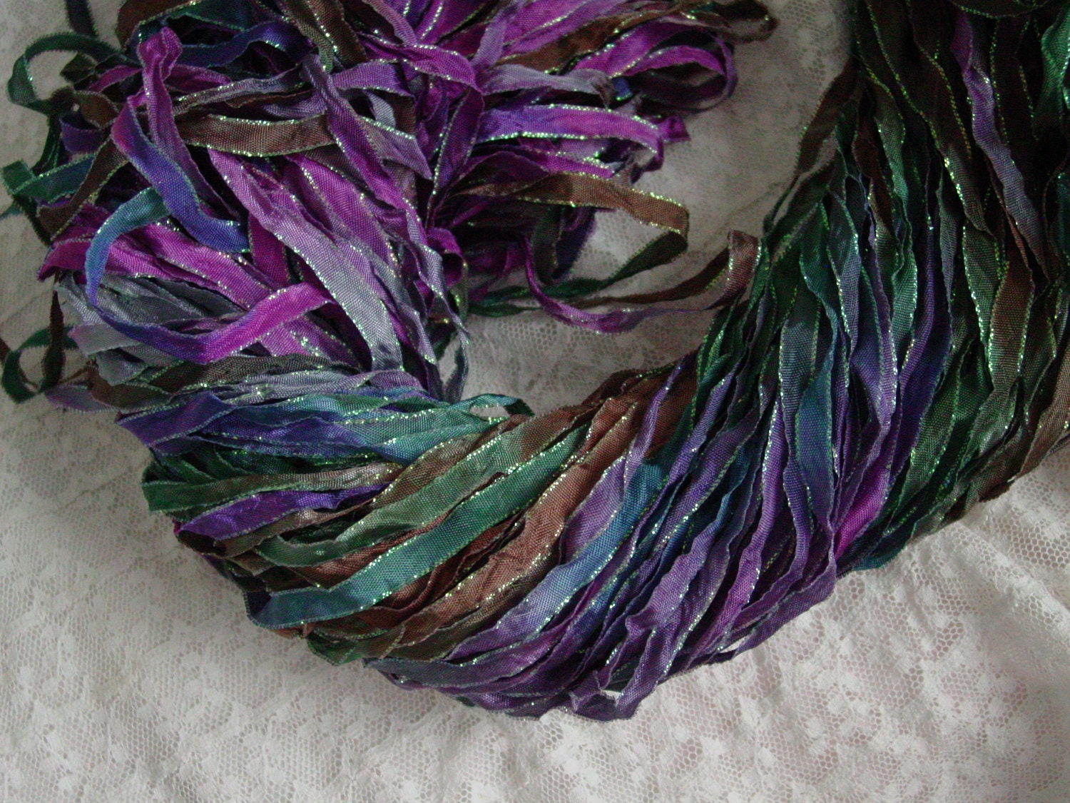 New - Hand Dyed DARK FAIRY FOREST glitters ribbon, 5 yards