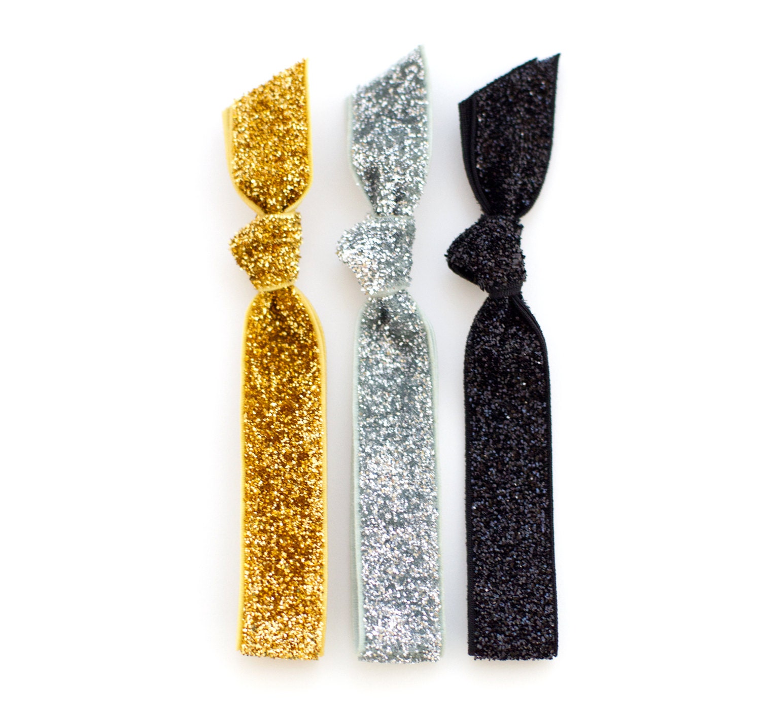 The Glitter Trio Hair Tie Package - 3 Elastic Silver Gold Black Glitter Hair Ties that Double as Bracelets by Mane Message on Etsy