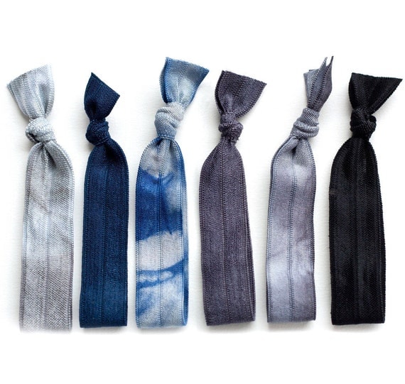 The April Showers Tie Dye Hair Tie Package - 6 Dark Blue Grey Elastic Tie Dye Hair Ties that Double as Bracelets by Mane Message on Etsy
