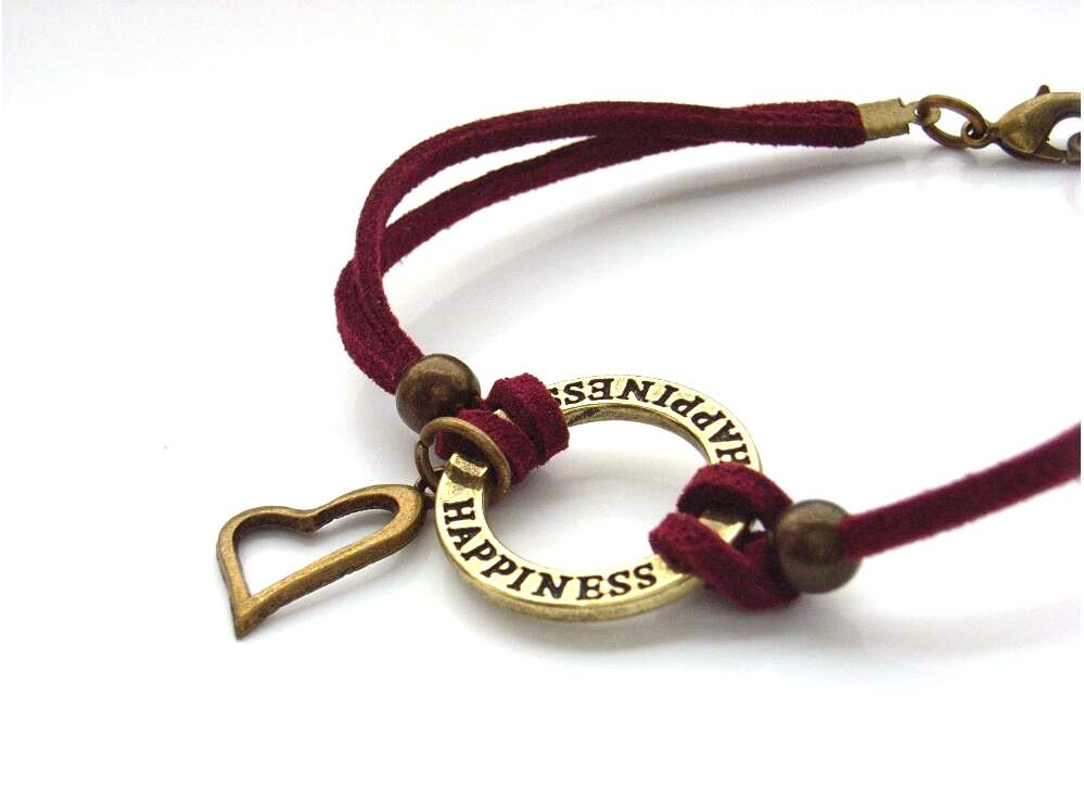Happiness cord bracelet heart charm faux suede cord UK seller