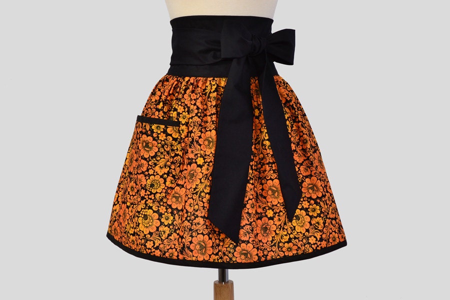 Retro Womens Half Apron : Flirty Half Apron in Obi Style  Made in Orange Floral Damask with a Black Background