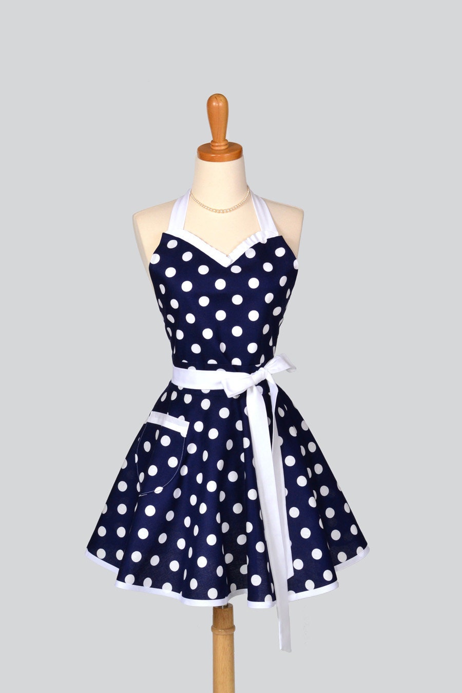 Sweetheart Retro Apron - Sexy Womens Apron Navy Blue and White Nautical Polka Dot Cute Full Kitchen Apron