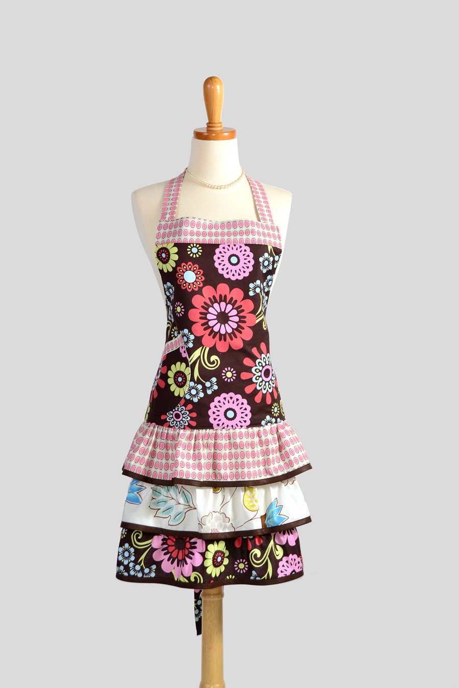 Ruffled Retro Apron . Flirty Full Womens Apron in Large Geometric Floral Designs on Brown With Dots Trim