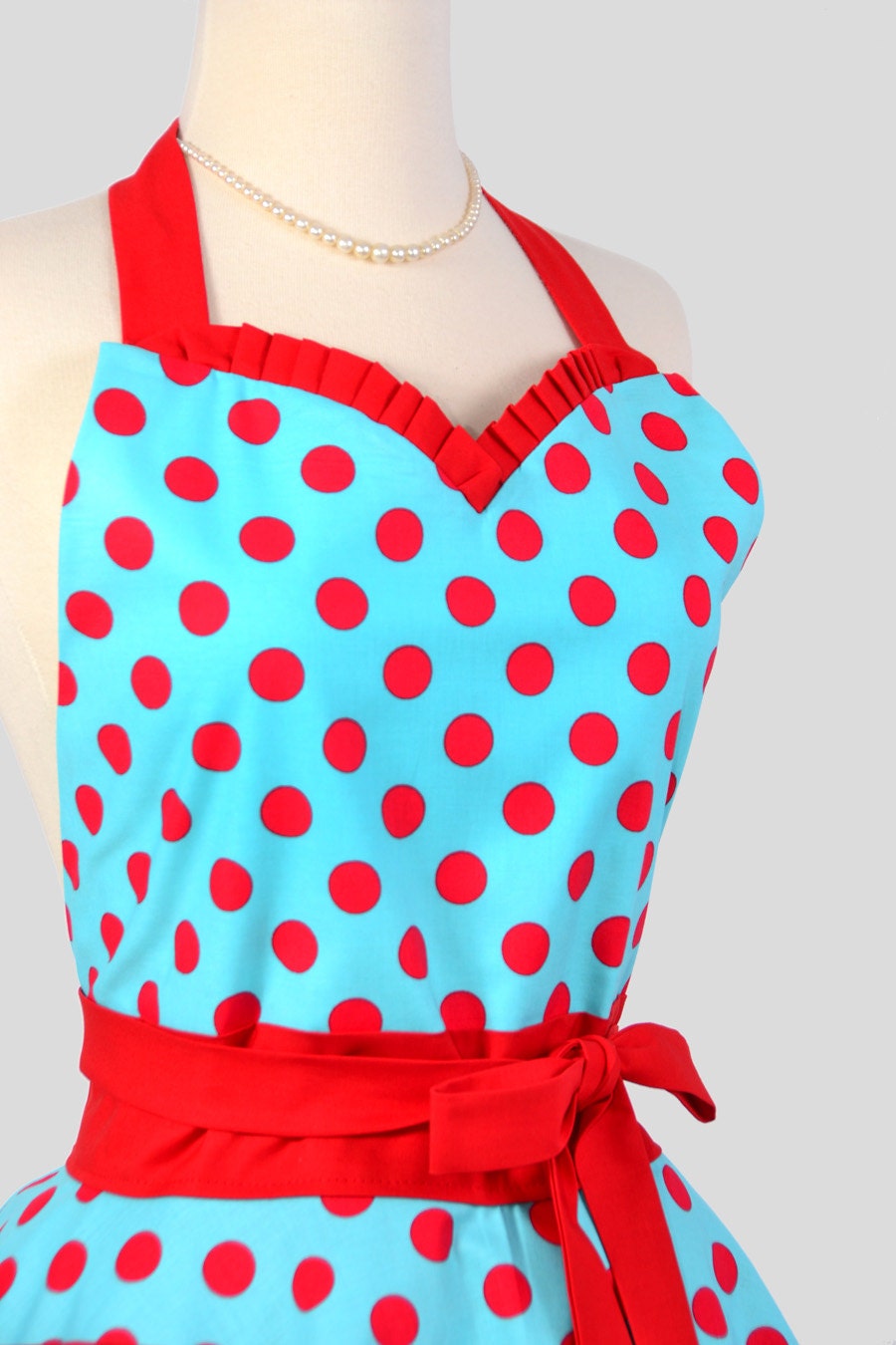 Sweetheart Retro Apron - Handmade Sexy Flirty Womens Apron in Teal and Red Pin-up Dots Full Kitchen Apron