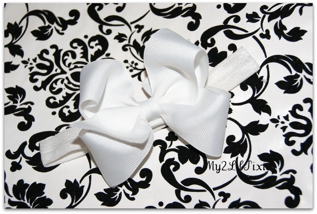 Aylssa Headband White Boutique BOW with Stretchy White Headband-- Baby Toddler Girl--Photo Prop --Available in 8 Different colors