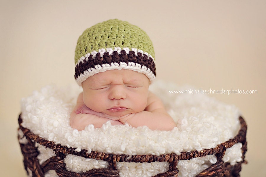 20% OFF SALE - Organic Cotton Beanie Hat - Sage, Ivory, and Brown Stripes - Newborn Baby Photo Prop