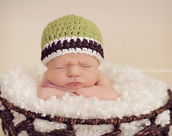 20% OFF SALE - Organic Cotton Beanie Hat - Sage, Ivory, and Brown Stripes - Newborn Baby Photo Prop