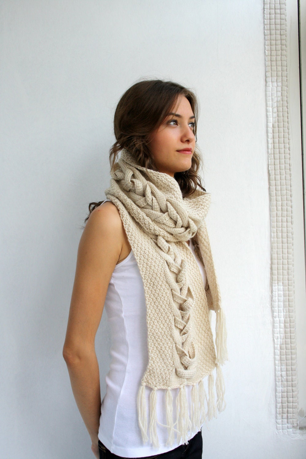 Free SHIPPING Beige Wool Special Design By DenizGunes Knit  Scarf Perfect Gift Under 75 For Women For Girl Friend Mothers Day Gift