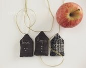 SALE set of 3 - little house ornaments Peace Hope Love in grey brown boucle tweed