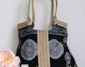 Shoulder bag / everyday bag / purse French Lace black tote bag with jute