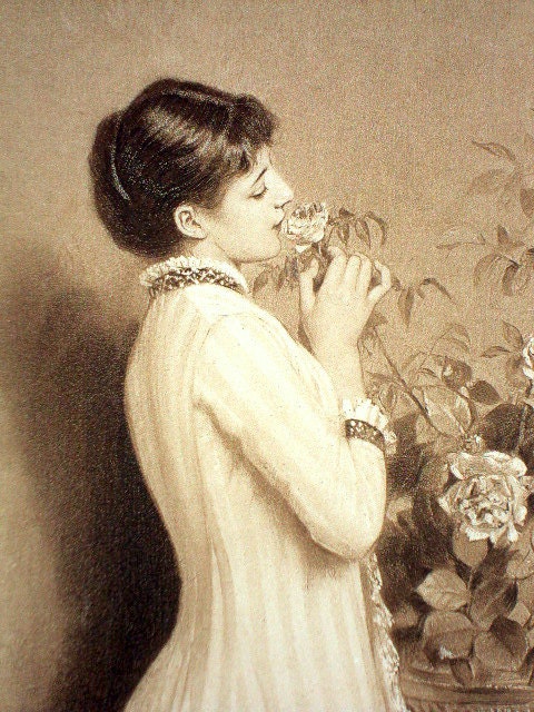 Vintage Photogravure Art Print, cr.1880s, Goupil & Co. Sepia tint, Woman With Table and Flowers, Victorian Dress, Paper