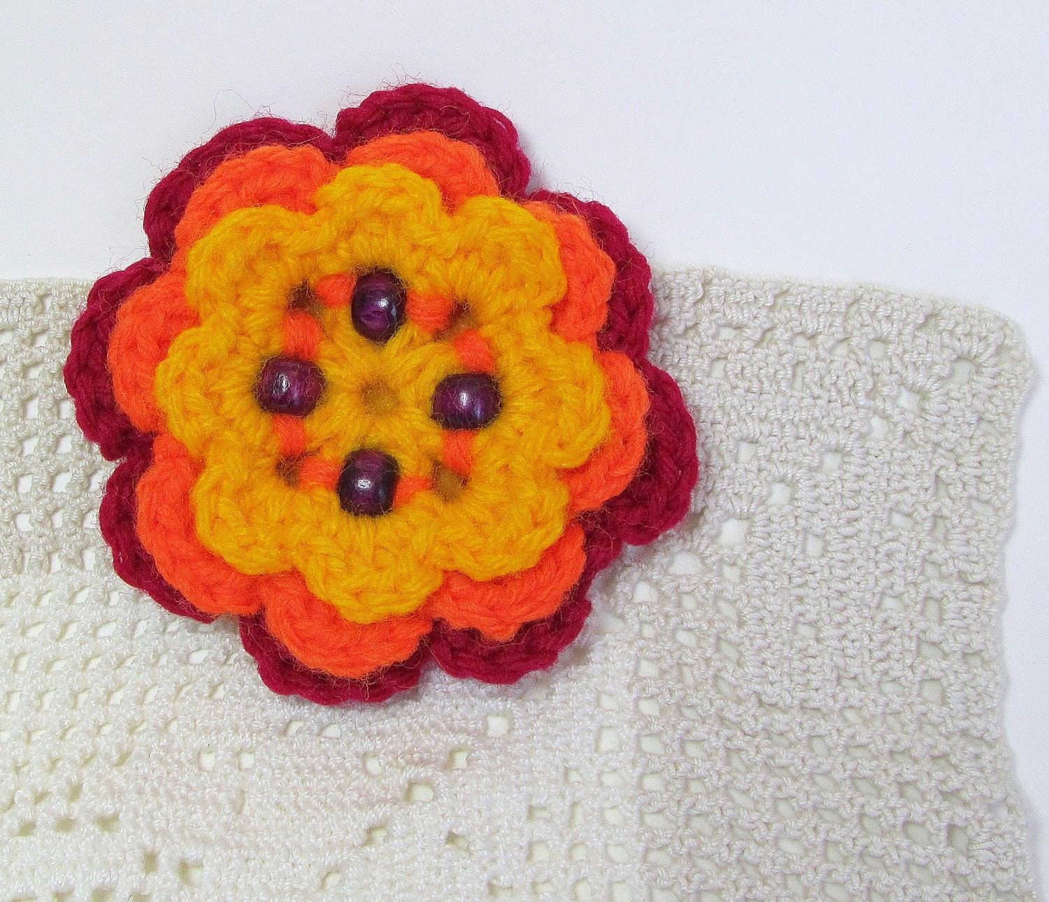 SALE Layered Brooch Flower Pin Pumpkin Orange Lemon Yellow Burgundy Plum Wooden Beads Sangria Crochet Jewelry OOAK Autumn Fashion Accessory
