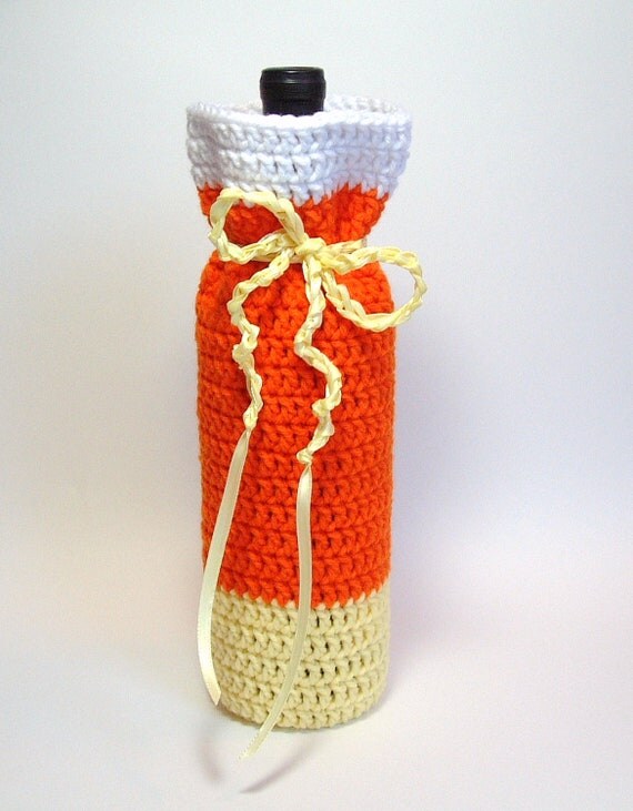 Wine Bag Bottle Cozy Gift Sack Candy Corn Yellow Orange White Champagne Sleeve Autumn Barware Halloween Ready to Ship Hand Crochet by Lilena