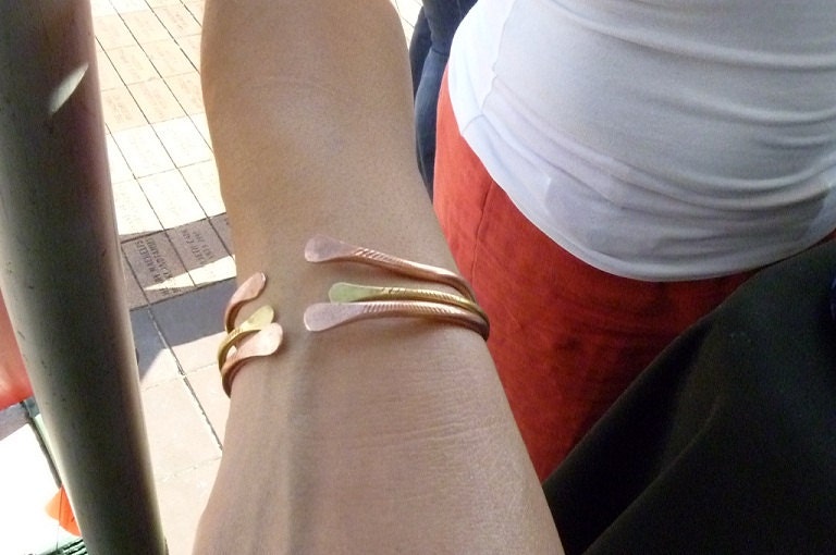 Bracelet Set - 2 Copper - 1 Brass - Hammered Ends