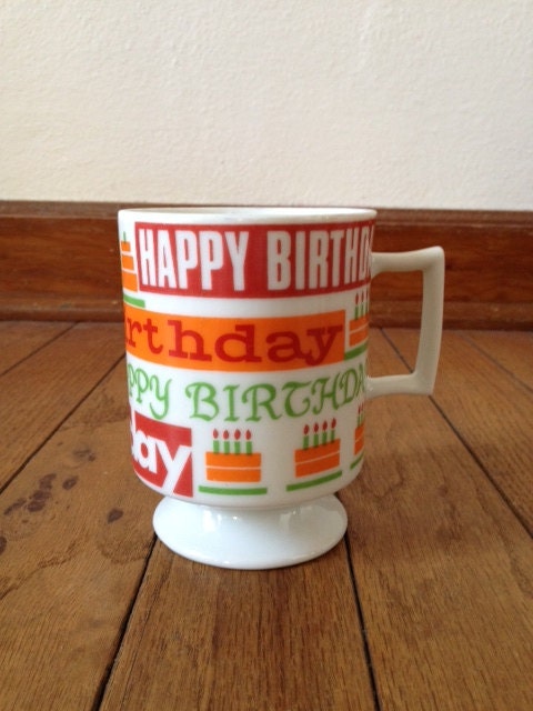 Vintage 1970s Happy Birthday Coffee Cup Mug Kitchen Gift Present Orange Red Green