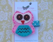 Little Hoot - Pink and Turqoise Felt Owl Hair Clip / Girls Hair Clips / Felt Hair Clips/ Owl Hair Clips