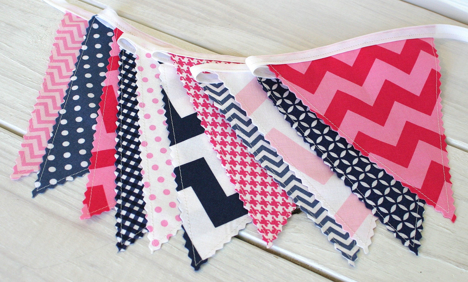 Bunting Banner Photo Prop Fabric Flags  - Pink, Magenta and Navy Blue Chevron - Ready to Ship