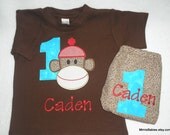 Sock Monkey Birthday Shirt, Tie and Diaper Cover with Aqua