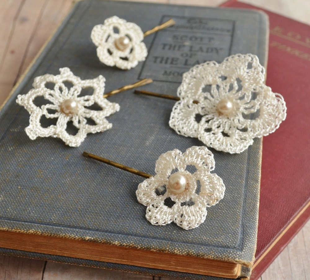 Lace hair accessories, wedding bobby pins, bridal hair pins, crochet and pearls - attic treasures