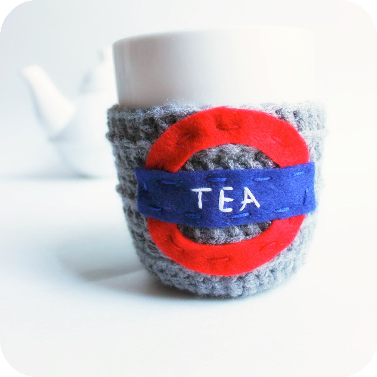 Cozy Cover Tea cozy tea mug cover cosy funny gray red blue crochet London Underground handmade