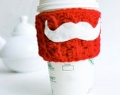 Santa Travel Mug Cozy Coffee Tea Cup Cosy mustache red white Christmas crochet cover stocking