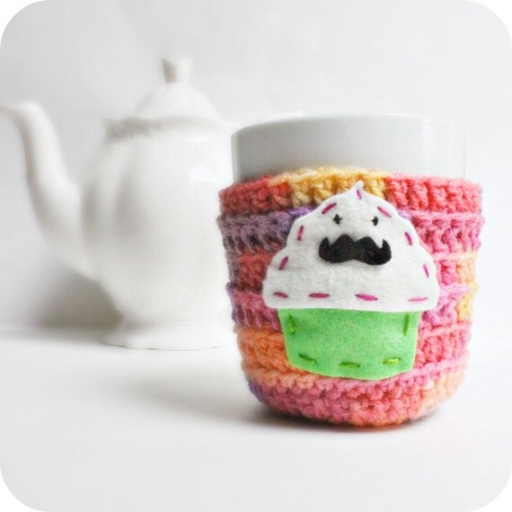 Mustache Cupcake funny coffee mug cozy handmade cover