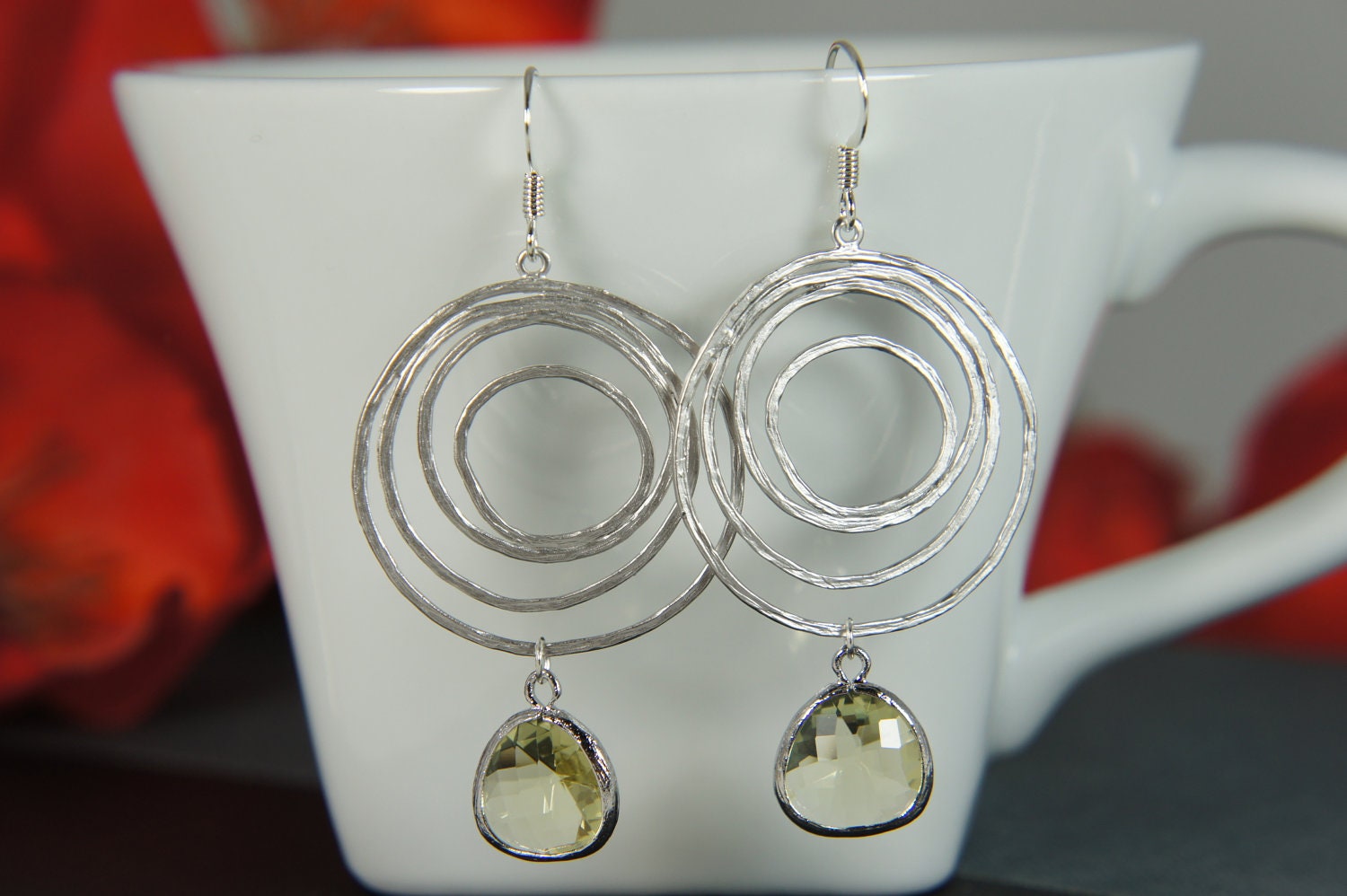 Silver circle earrings with jonquil yellow glass -  bridal, wedding, gift, swirl