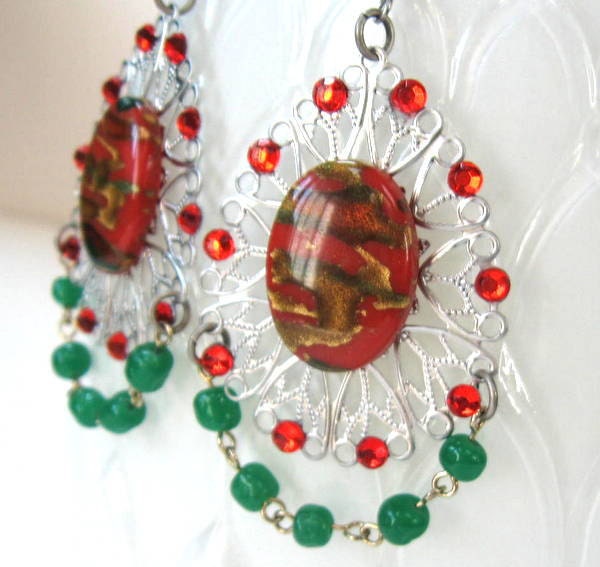 Autumn Earrings - Burnt Orange and Green Boho Chandelier Earrings - Back to School Fashion
