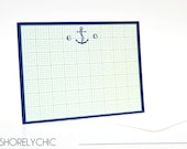 Monogrammed Green Squares and Navy Anchor Notecard Set