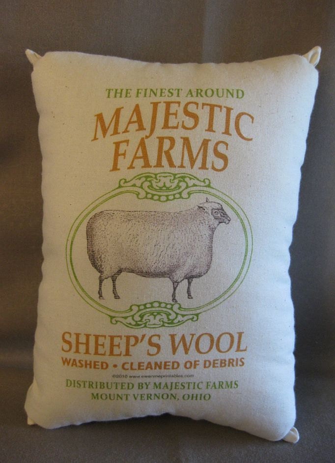 Sheeps Wool,  Feedsack Pillow,  Rustic Feed Sack, Cottage, Primitive