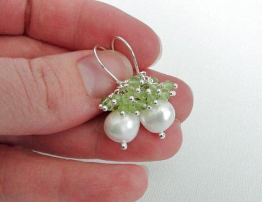 August Birthday: Peridot, Earrings, Sterling Silver, Designer, Birthstone, Pearl, Gemstone, Clusters, Dangle, Jewelry  0091