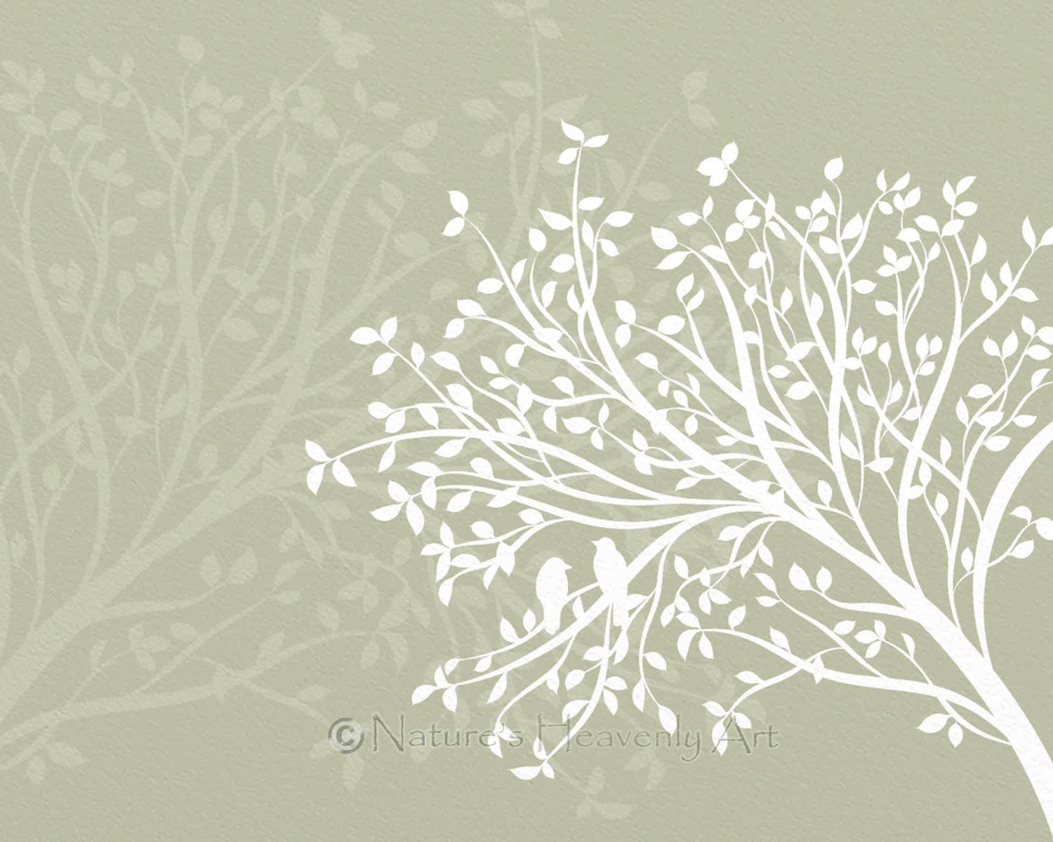 Spring Green Tree Art, 8 x 10 Print, Nature Wall Decor, Tree Branch Silhouette, Love Birds, Customized Color, Fresh