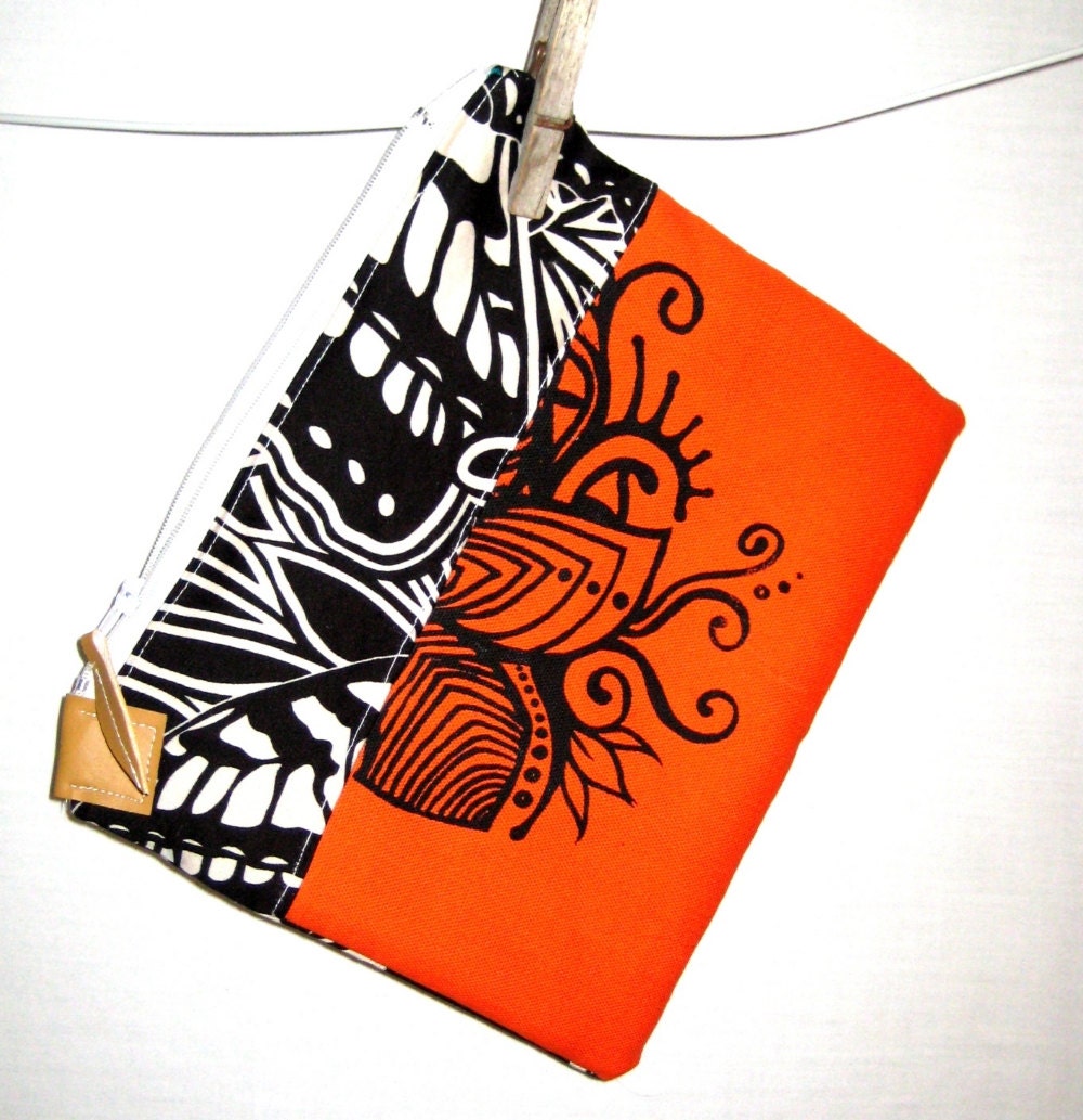 Orange and Butterfly Print Clutch, Makeup Bag, Pencil Case