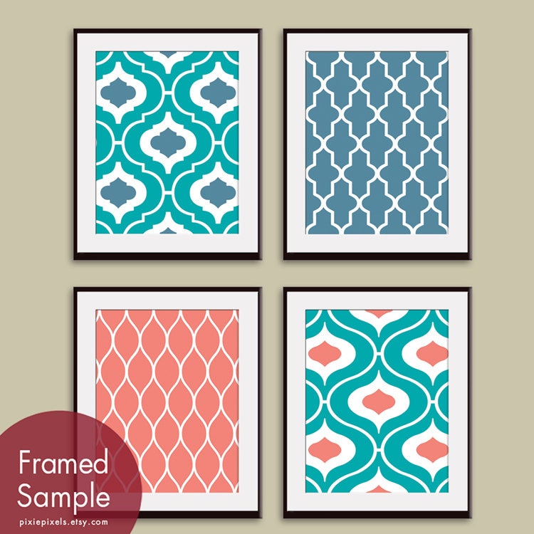 Modern Pattern Prints Collection (Series C) -Set of 4 - 11x14 - Featured in Ocean Blue, Blue Linen and Coral Rose