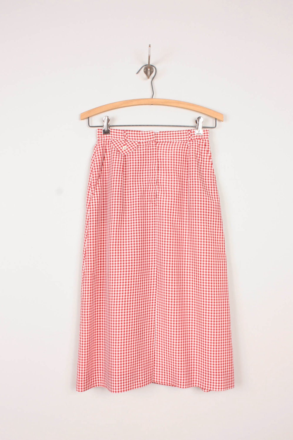 1980s High Waisted Skirt / Red & White Gingham Check - Womens XS - Pleated High Rise Below the Knee Skirt