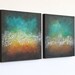 Northern Lights teal turquoise orange aqua brown mustard yellow modern art mid century original acrylic painting on two canvases