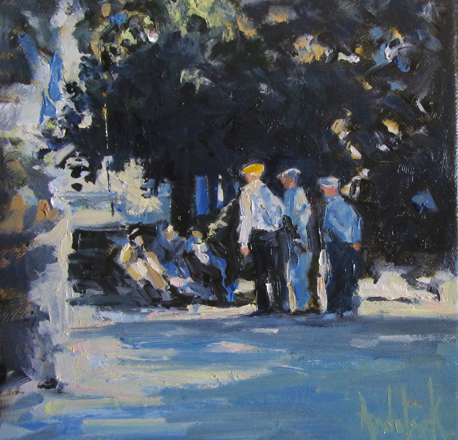 Andolsek Art, ORIGINAL OIL Painting, France, Paris, Gardens, Parks, 'Old Friends', 8x8x1