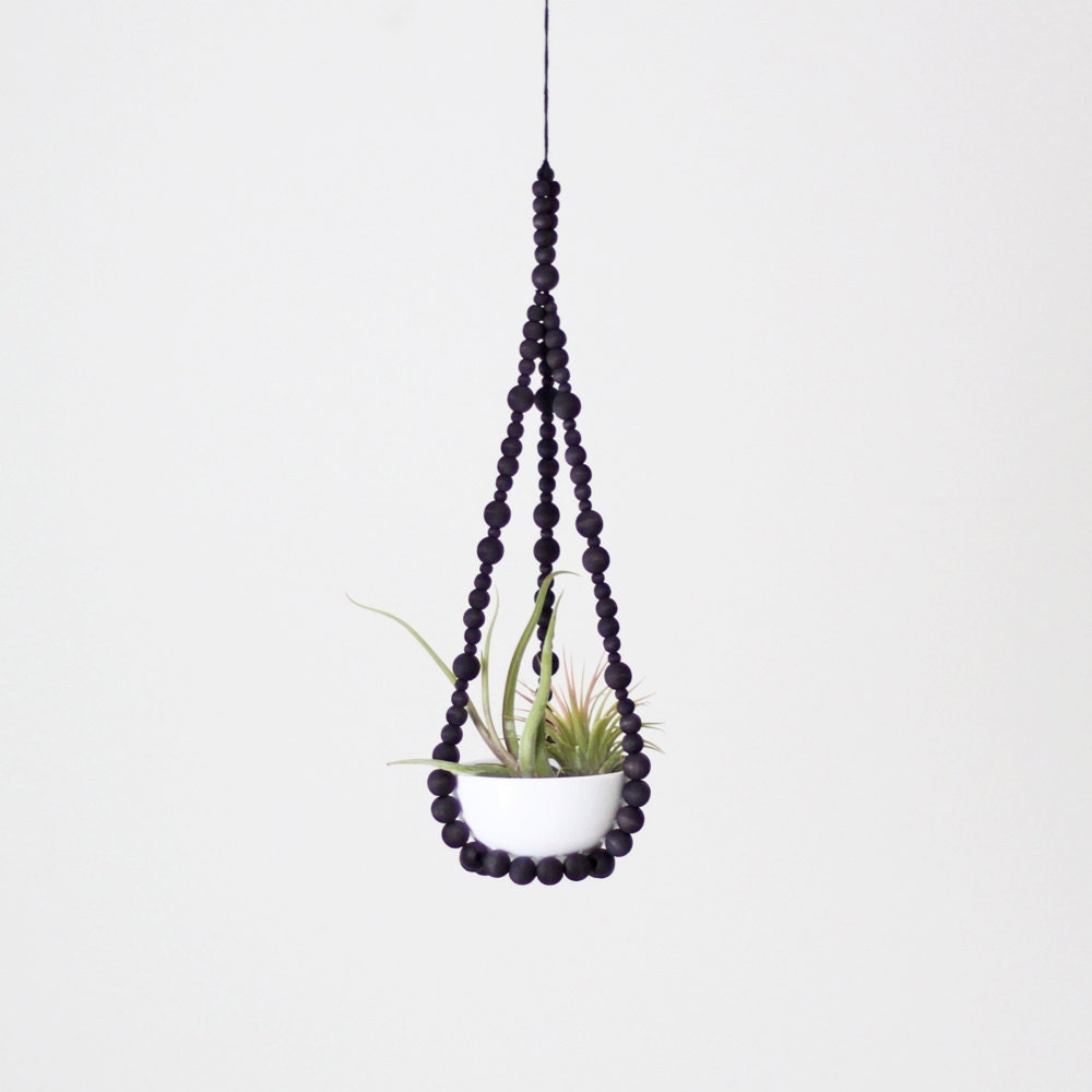 Small Beaded Hanging Planter with Cup / Scandinavian Modern Plant Hanger / Hand Dyed Wood Beads