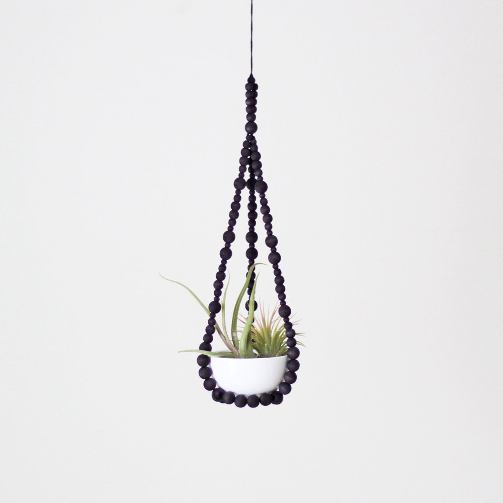 Small Beaded Hanging Planter with Cup / Scandinavian Modern Plant Holder / Hand Dyed Wood Beads