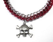 Skull bracelet, Gothic, Unisex, Chainmaille, Half Persian 3 in 1, Silver and red