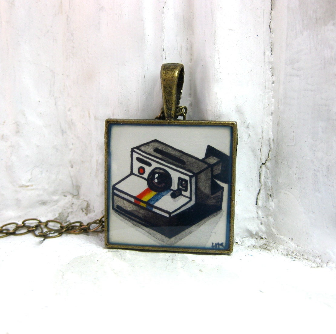 Polaroid Camera Art Necklace - Hand Painted Necklace, Original Watercolor Art