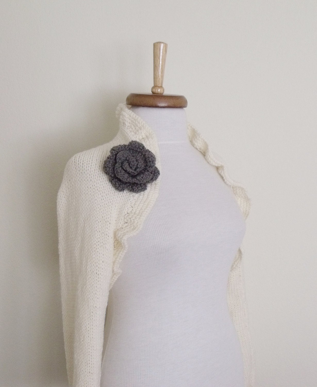 Ivory CASHMERE cotton long sleeves shrug With Flower Brooches-Ready for shipping