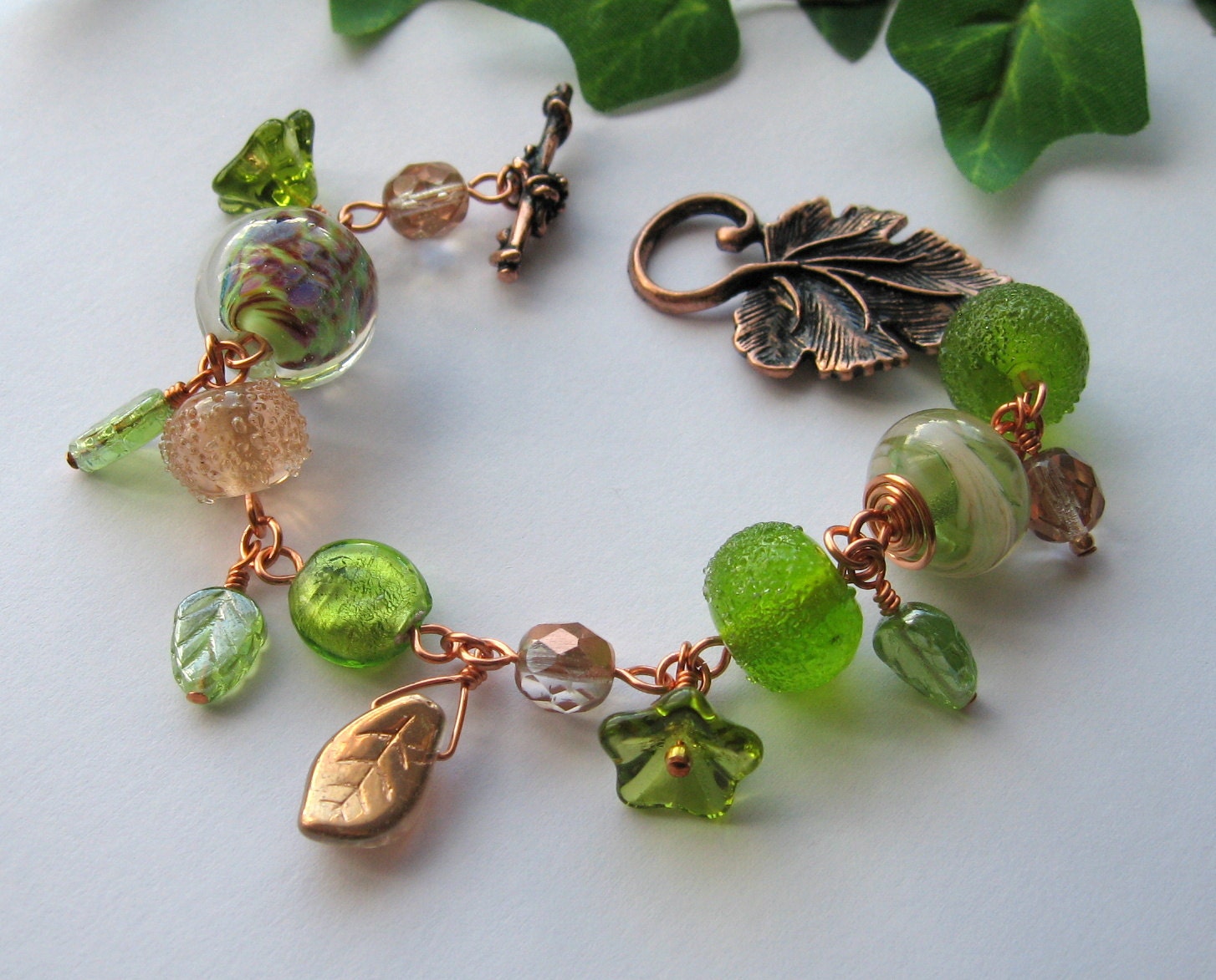 Druantia lampwork, copper and Czech glass linked bracelet