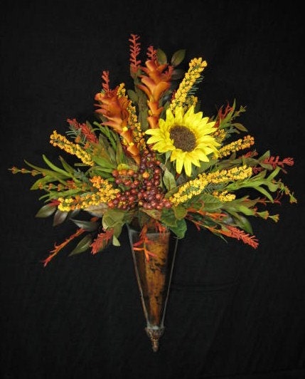 Tuscan Sunflower and Berry Wall Cone Floral Arrangement Door Wreath