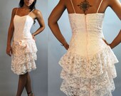 80s vintage dress romantic LACE dress / Pink Lace Ruffle Party Dress / spaghetti straps & tiered ruffle skirt XS / S extra small / small