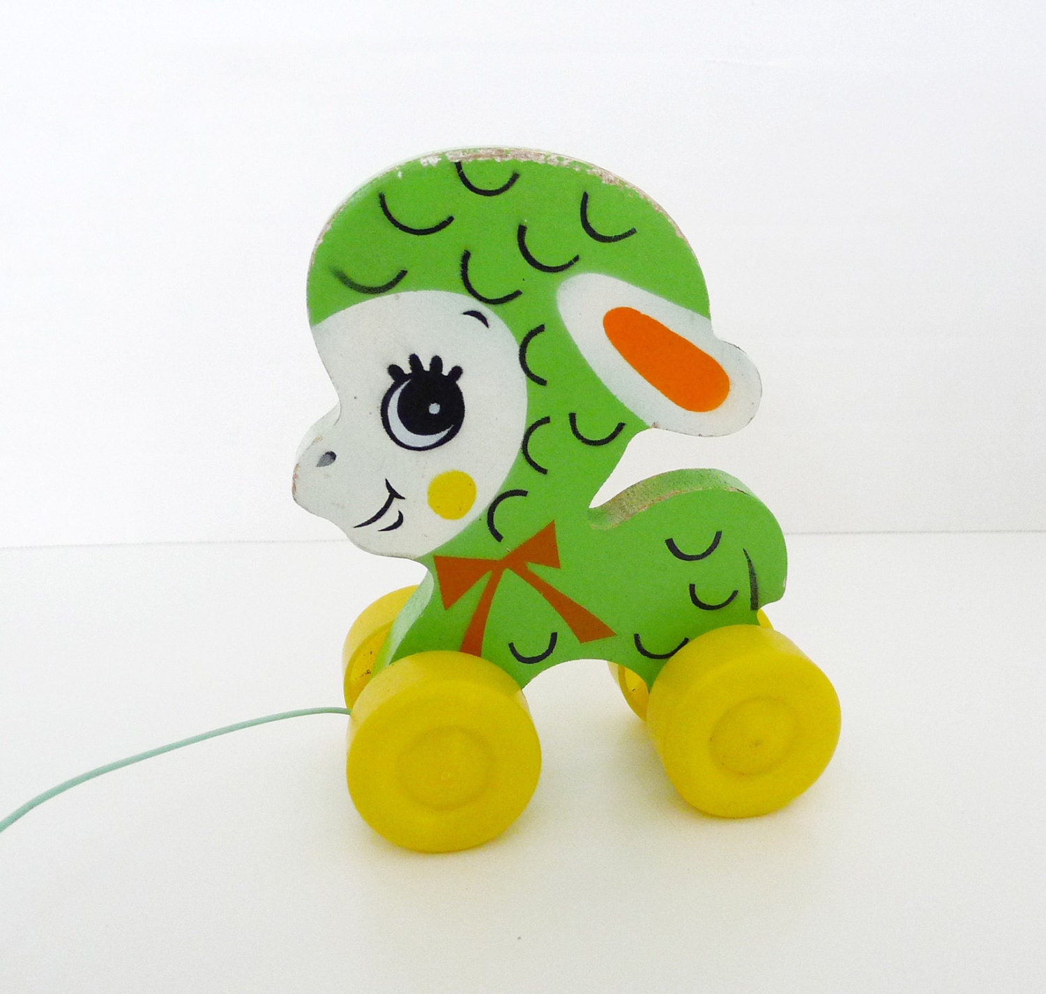 Vintage Green Lamb Pull Wooden Toy with plastic Wheels