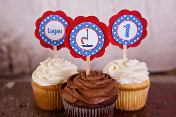 CUPCAKE TOPPERS - Sailboat Birthday Party Decorations - Sailboat Cupcake Toppers in Blue and Red Il_170x135